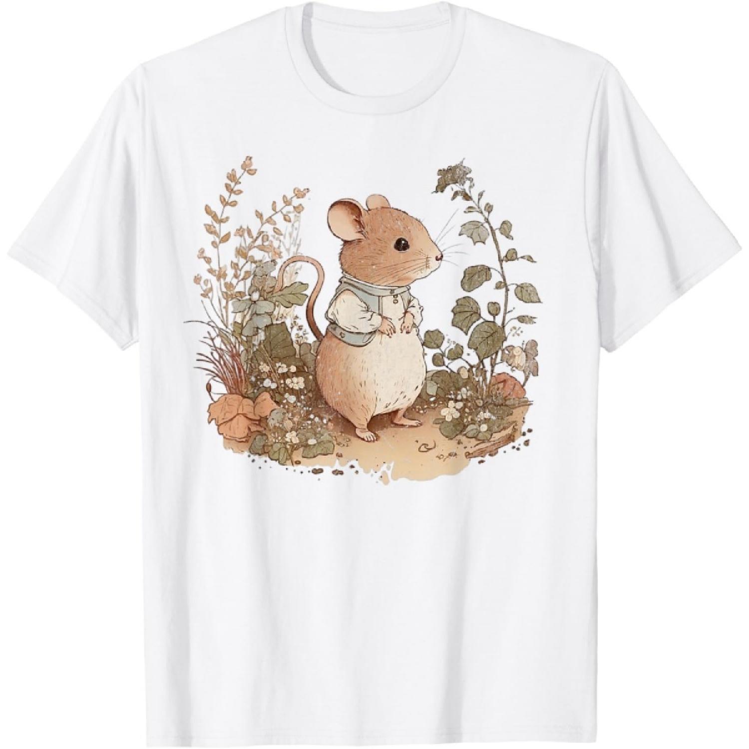 Cottagecore Mouse Cute Rodent Flowers Cartoon Retro Vintage T-Shirt S