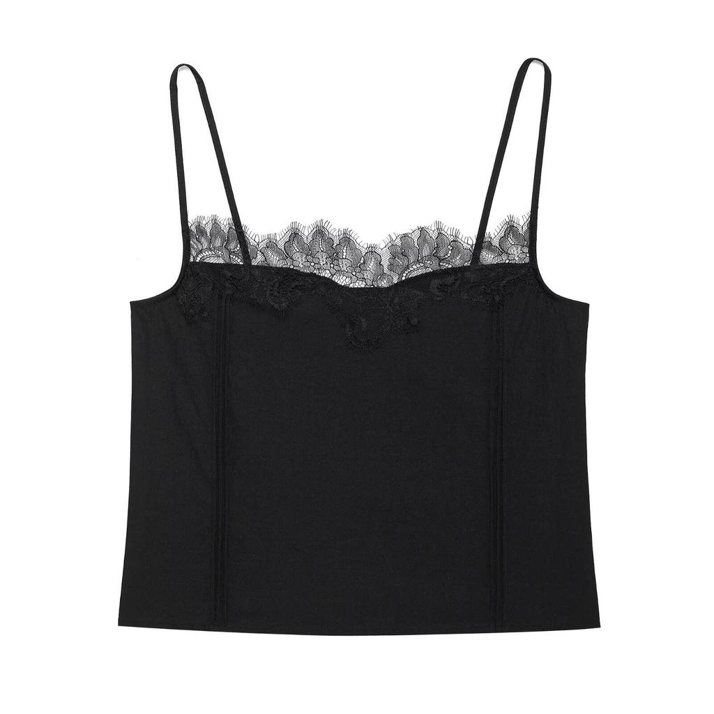 2025 Spring Women's Stylish Grey Lace Trim Spaghetti Strap Top