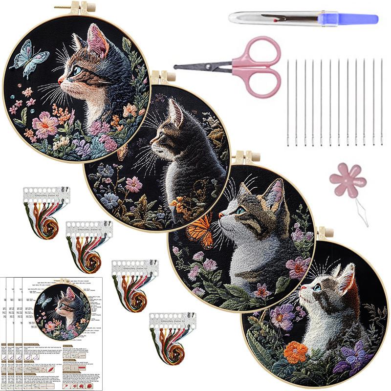 1pc Kitten, Butterfly, and Flower Pattern Embroidery DIY Fabric Craft Kit with Tools