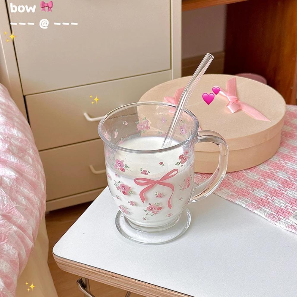 Kawaii Bowknot Glass Cups Tumbler Aesthetic Cute korean Flower Mugs For Ice Coffee Juice Beer Milk Tea Glasses Cup Bowl For Girl
