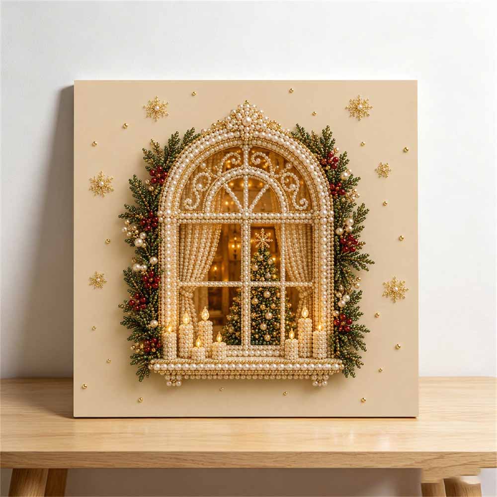 Framed Pearl Bead Art Set with Christmas Window Pattern DIY Sparkling Canvas Painting Relaxing Hobby Gift for Meditation Room Decoration