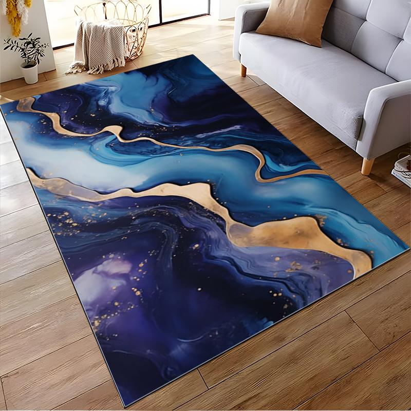 Abstract Blue and Gold Wave Pattern Carpet for Living Room Decor Suitable for Use As an Anti-slip for Living Room Bedroom Sofas