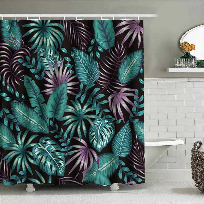 Greenery Shower Curtain Jungle Leaf Print Fabric Bath Rug With Rings For Home Decor