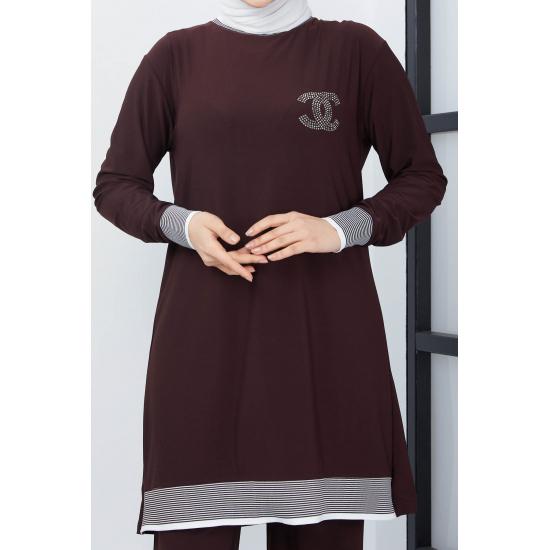 Islamska szafa damska prążkowana tunika spodnie garnitur hidżab