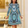 Women Long Sleeve Round Neck Midi Dress Vintage Geometric Floral Plum Blossom Stripe Dot Print Flared Casual Dress
