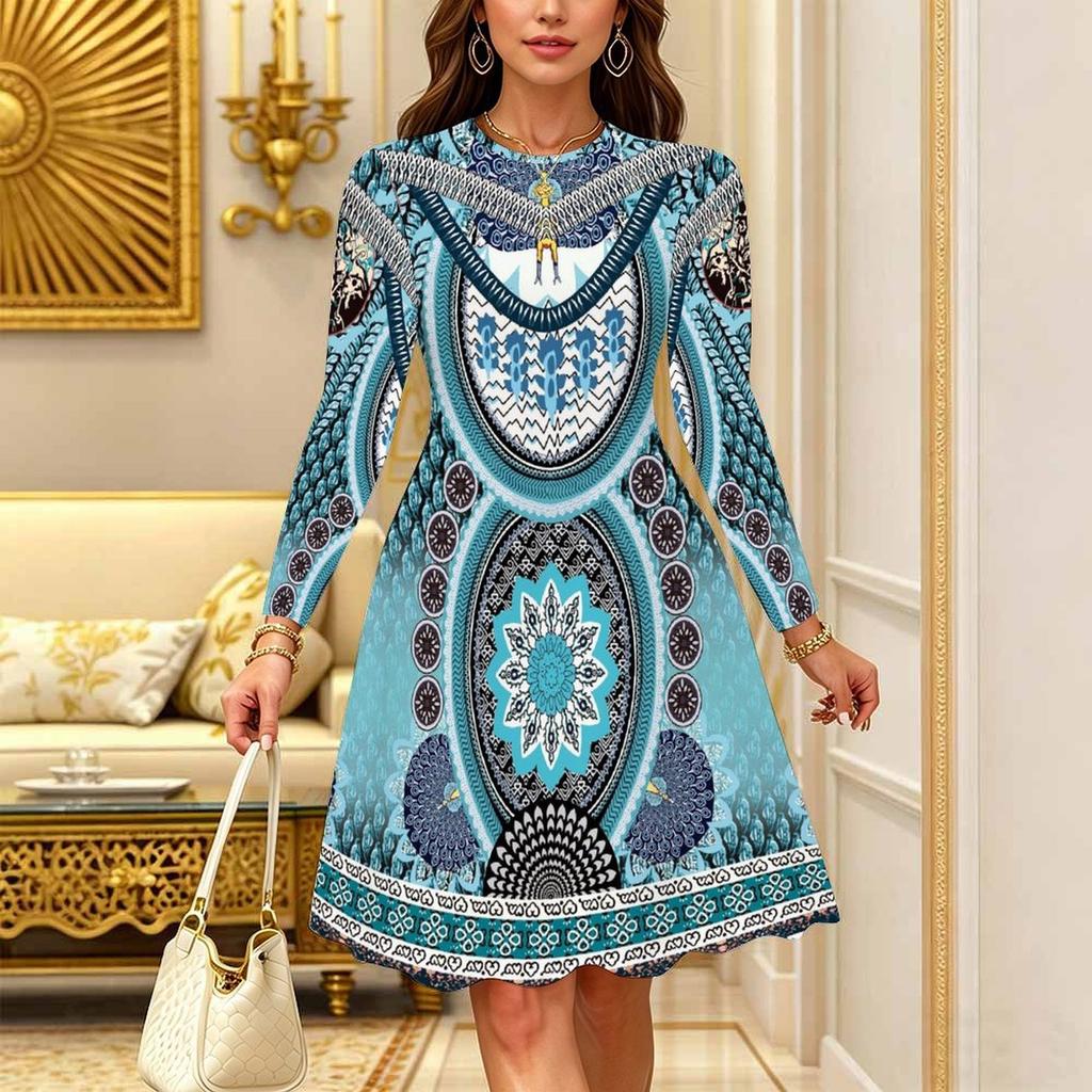 Women Long Sleeve Round Neck Midi Dress Vintage Geometric Floral Plum Blossom Stripe Dot Print Flared Casual Dress