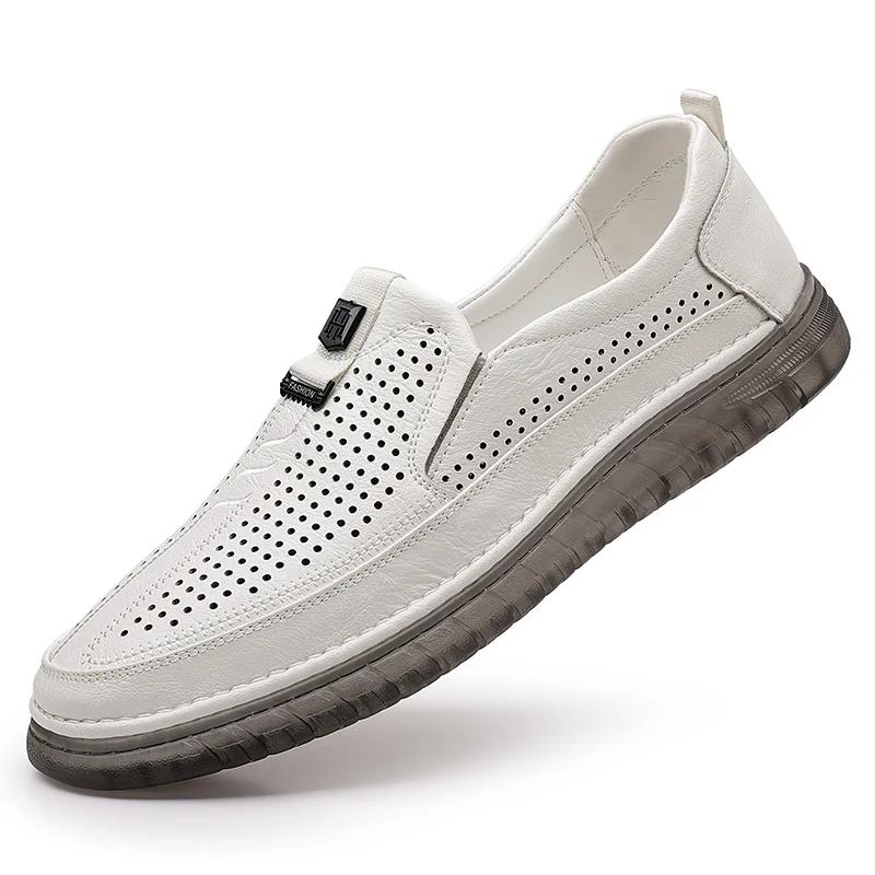 Fashion Summer New White Perforated Breathable Leather Shoes Mens Slip on Shoes Genuine Leather Male Casual Shoes Male Soft Sole Loafers