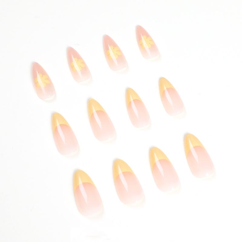 Uñas postizas, manicura francesa, manicura con flor de ganso amarilla, parche, uñas postizas