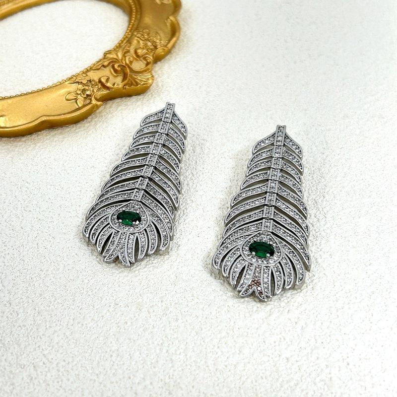 Manufacturer'S Supply Spring Retro Exquisite Feather Styling Brooch Slightly Inlaid With Zircon Exaggerated Earrings In Stock