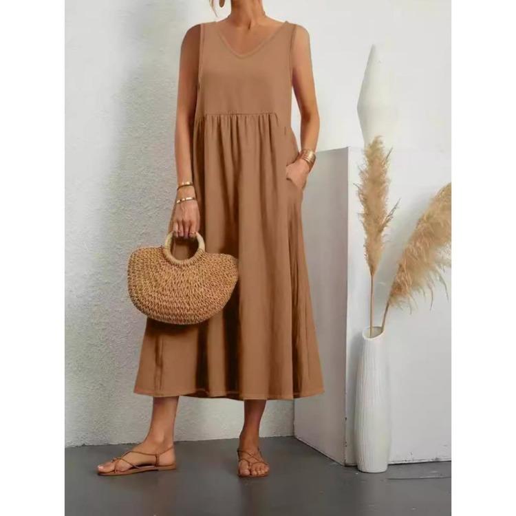 

Женское модное летнее свободное хлопково-льняное платье макси без рукавов с V-образным вырезом, однотонное, удобное, дышащее 3XL коричневый