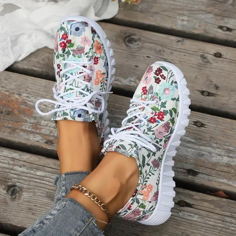 Autumn Shoes for Women 2025 Fashion Printed Women's Sneakers Casual Lace-up Platform Shoes Light Breathable Ladies Running Shoes