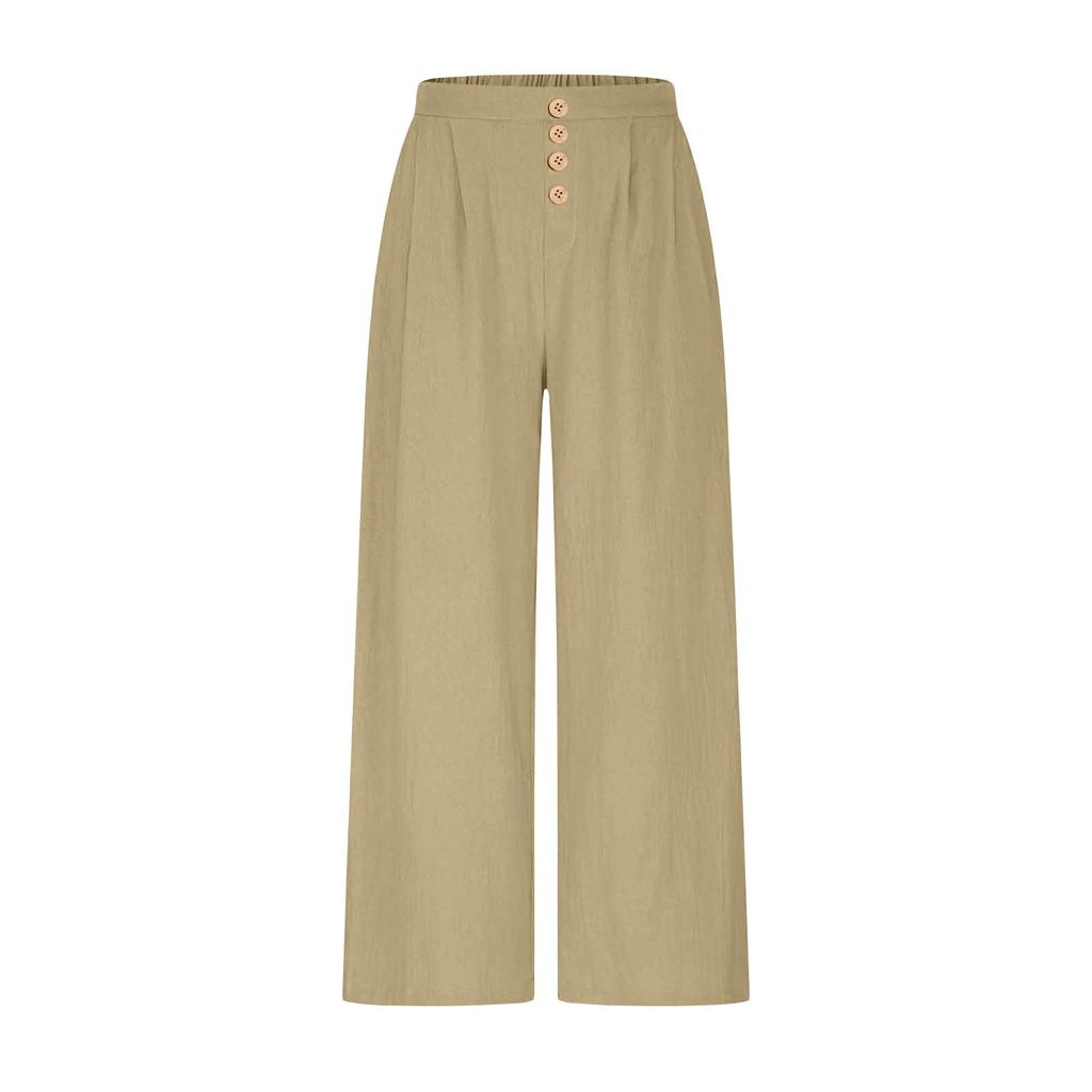 Wide Leg Cropped Pants for Women High Waist Button Front Loose Fit Casual Trousers with Pockets Lightweight Fabric
