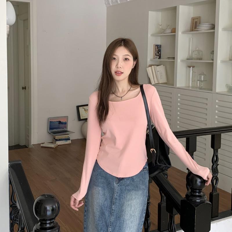 Long Sleeved T-shirt Women Autumn New Right Shoulder Cover Belly Fashion Casual Slim Hot Girl Top