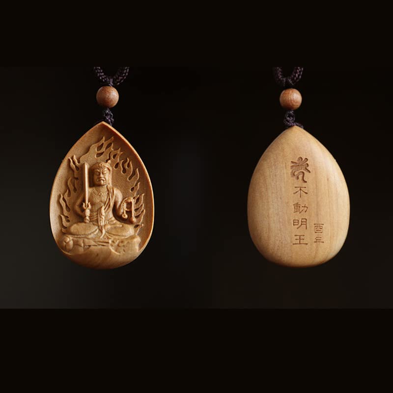 Acala Buddha Pendant Necklace, 39mm, Carved from Australian Sandalwood and Fragrant Wood, Double-Sided Carving, Zodiac Amulet, Charm, Eight Buddhas,