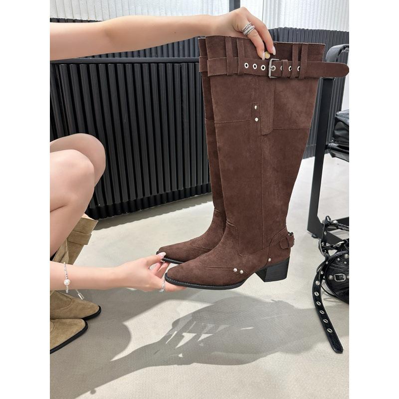 

Замшевые ботильоны на высоком каблуке с острым носком Женские ботинки 2025 Осень/Зима Ботинки в стиле вестерн Ковбойские ботинки Облегающие ботфорты 39