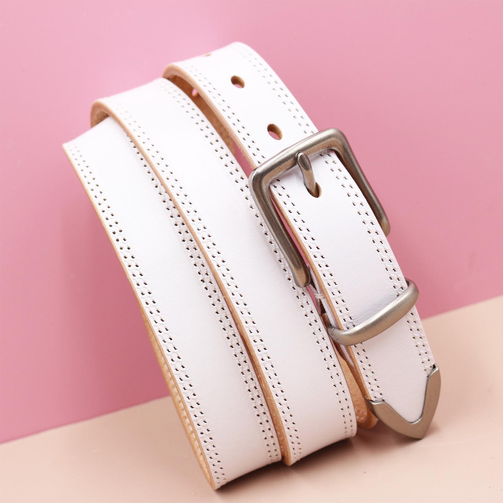 

Three-Piece Unisex Genuine Leather Belt with Pin Buckle and Stitching for Casual Denim Pants 115 cm білий