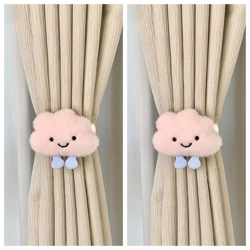 2 szt. Urocze pluszowe białe zasłony w chmurki z klamrą do zasłon do salonu i sypialni, Kawaii elastyczny sznurek z kołnierzykiem, Dekoracja domu