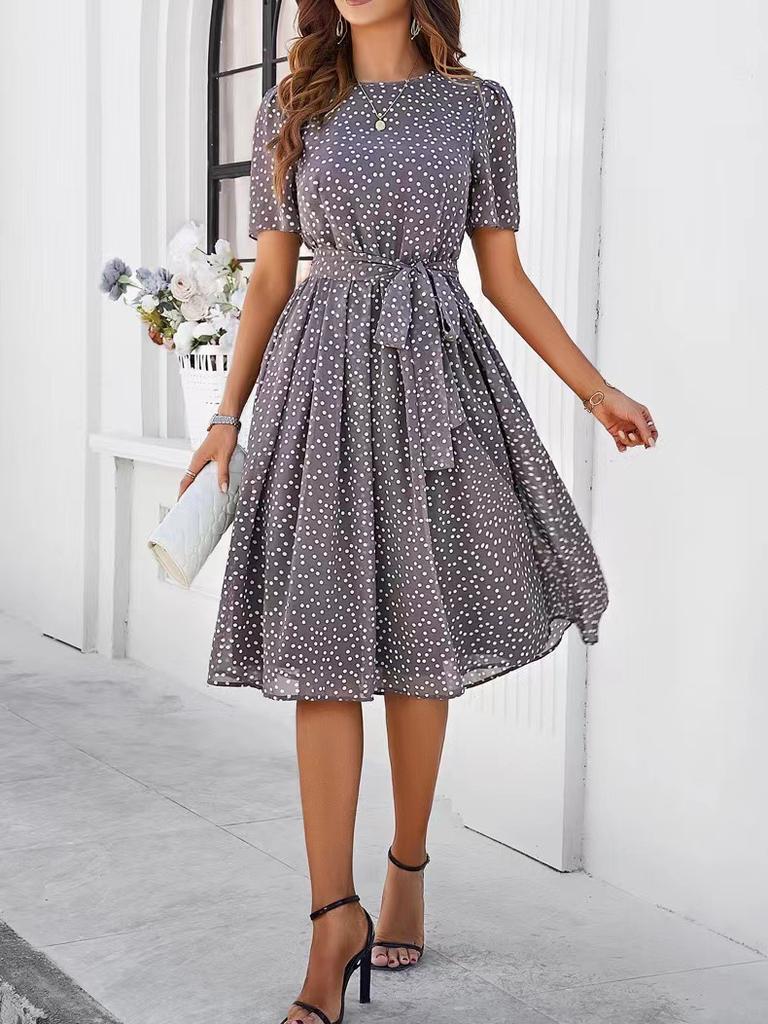 Women's Spring and Summer Temperament Casual Polka Dot Lace-up Print Dress