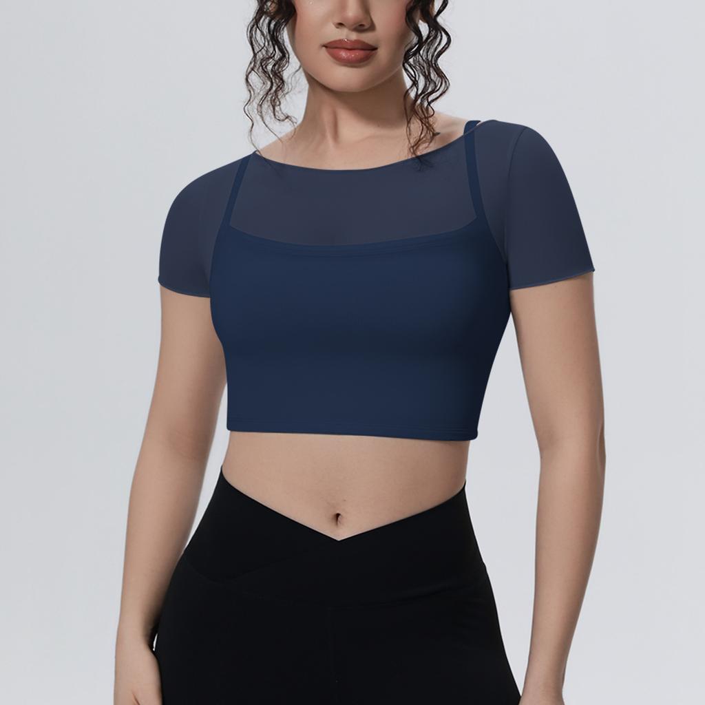 Solid Color Mesh Double-layer Breathable Fake Two-piece Short-sleeved Top Casual Sports Running Fitness Yoga Wear