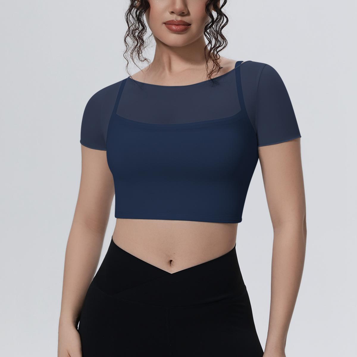 Solid color mesh double-layer breathable fake two-piece short-sleeved top casual sports running fitness yoga clothes S