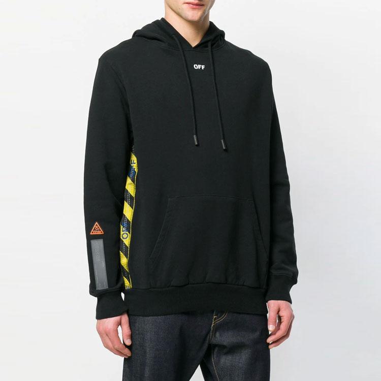 Off-White Side Yellow Caution Tape Hooded Sweatshirt Unisex Tops Black OMBB032S180030081000