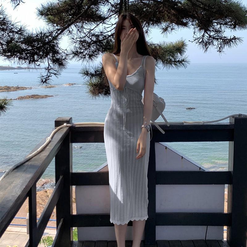 

2024 Розовое трикотажное платье с V-образным вырезом на подтяжках для женщин - Летняя сексуальная длинная юбка