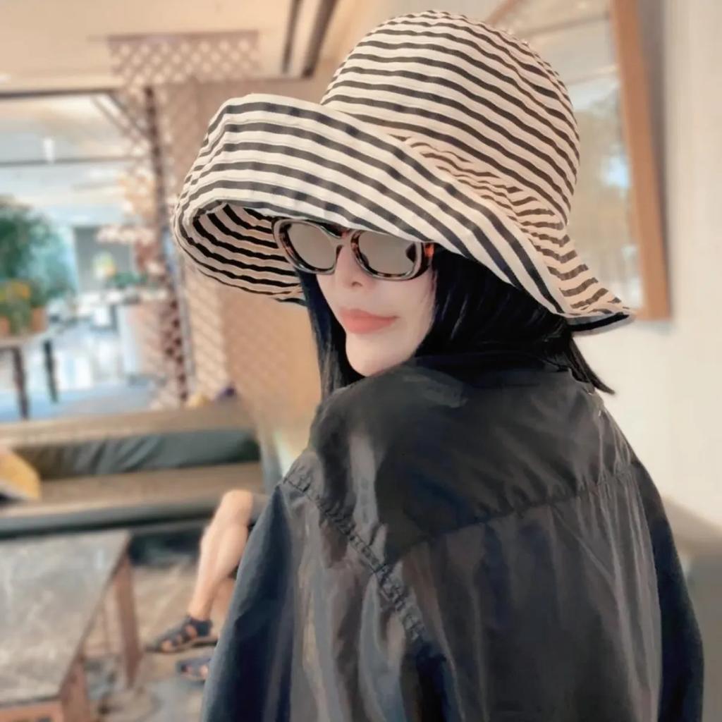 WTEMPO Striped Sun Hats Women Spring Summer Wide Brim Outdoor Breathable Foldable Beach Sunscreen Hats