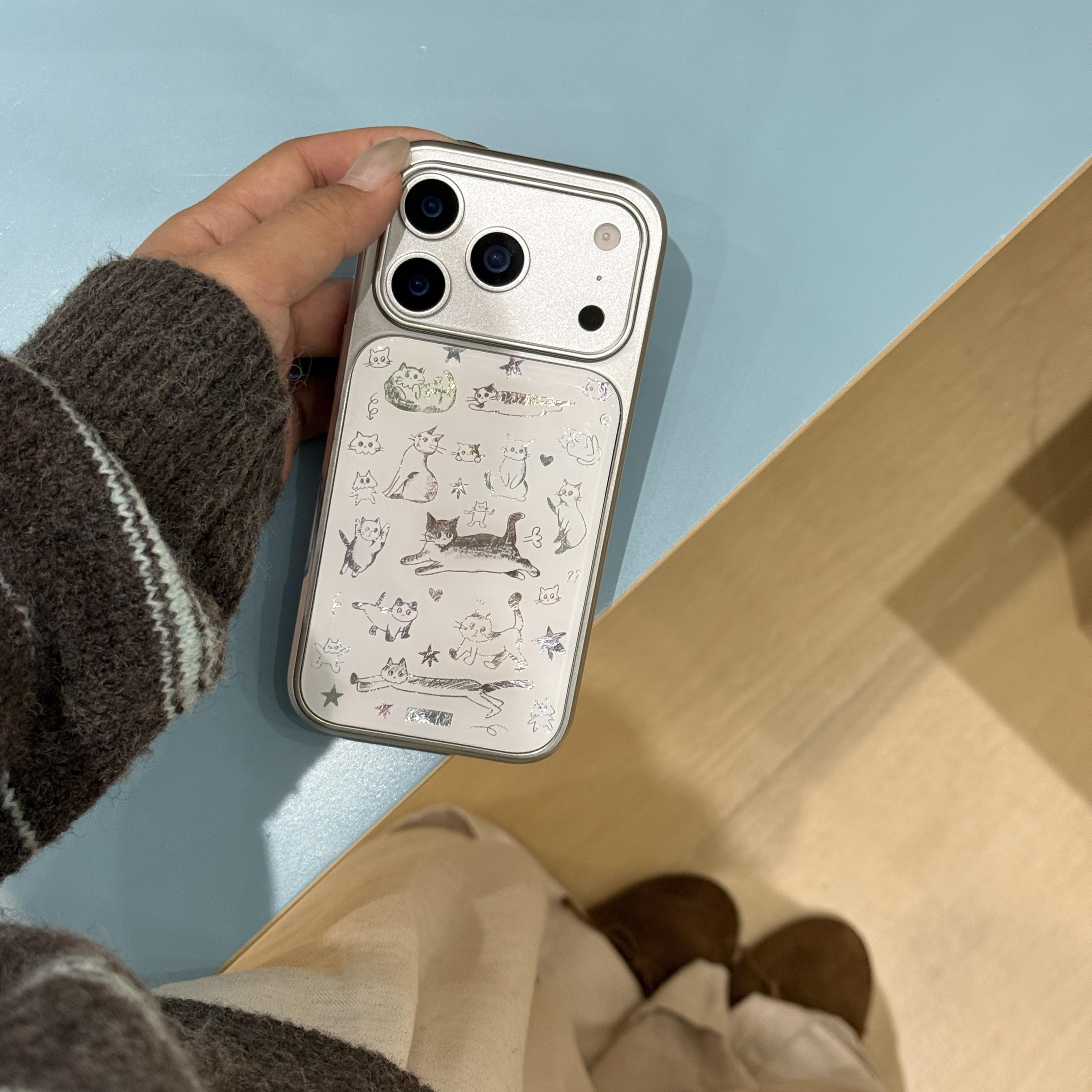 

Electroplated Hand-drawn Cat with Fluffy Dangle Cute Lovely Phone Case for iPhone 17 16 15 14 11 12 13 Pro Max Plus Back Cover iPhone 13