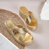 Fashion Gold Cross Band Wedges Sandals for Women Large Pearl Patent Leather Chunky Platform Slippers Thick Sole Non Slip Party Shoes