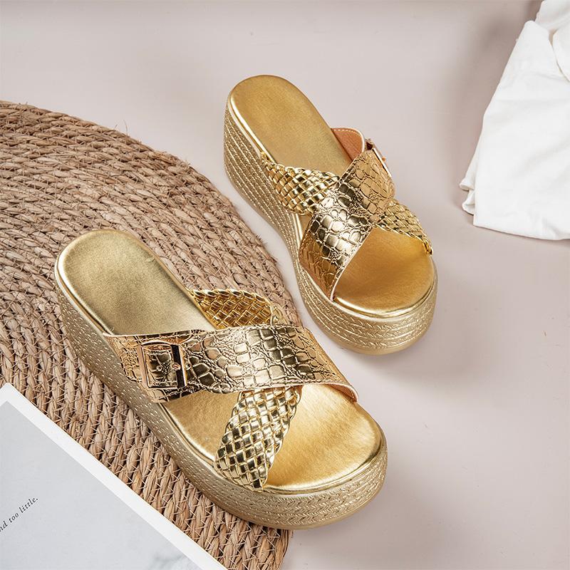 Fashion Gold Cross Band Wedges Sandals for Women Large Pearl Patent Leather Chunky Platform Slippers Thick Sole Non Slip Party Shoes