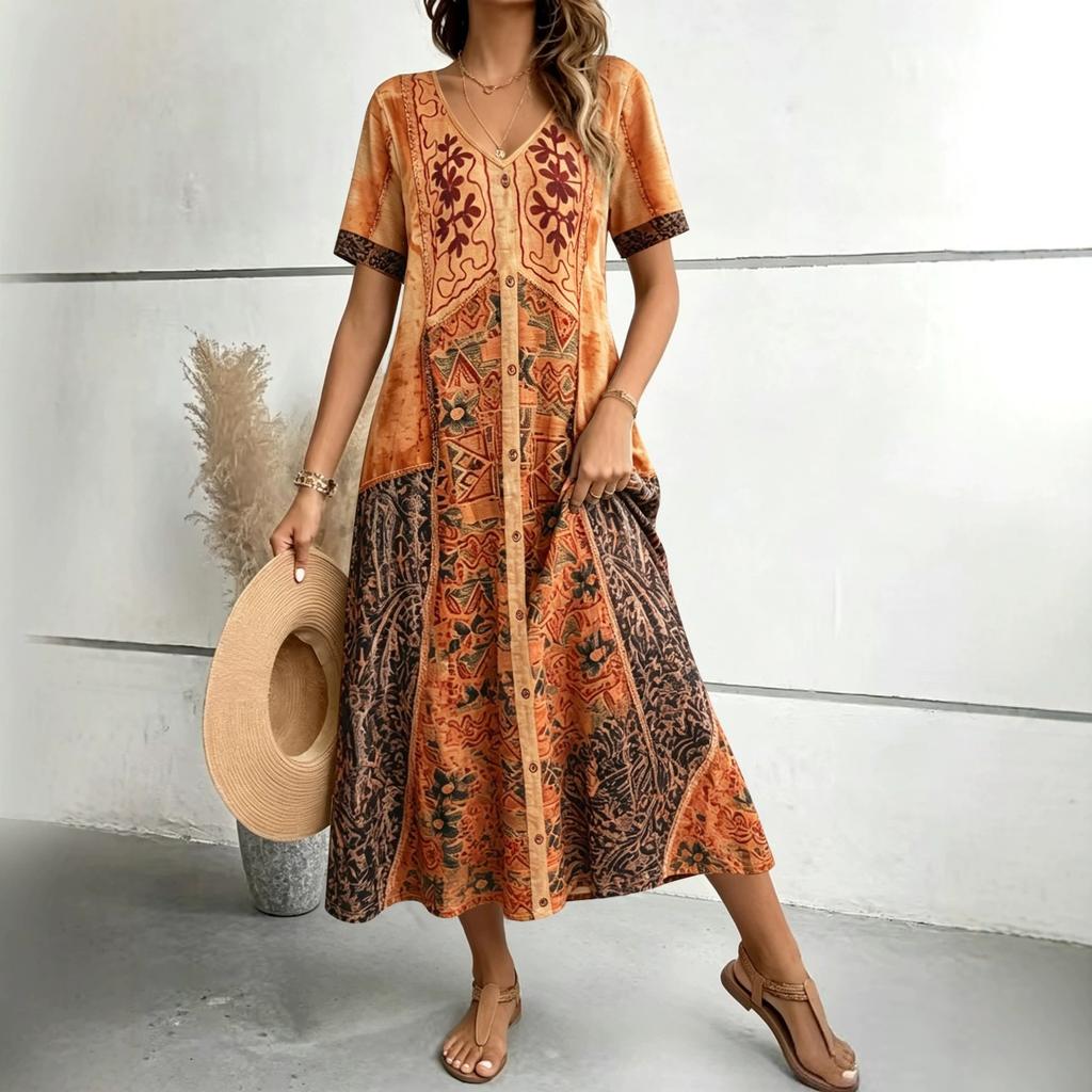 Summer European and American Bohemian print dress V-neck single-breasted loose and thin A-shaped medium and long vacation skirt women's clothing
