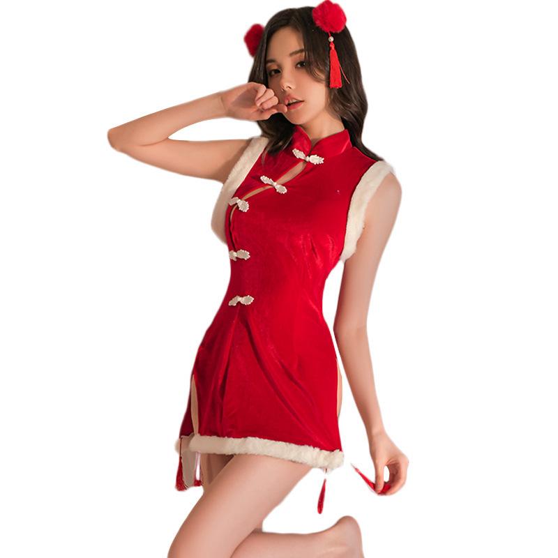 Retro Christmas Cheongsam Lingerie: Cute Red Backless New Year Doll Dress