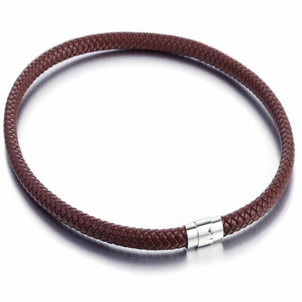 4/6/7MM Mens Brown Braided Leather Cord Stainless Steel Necklace Magnetic Clasp