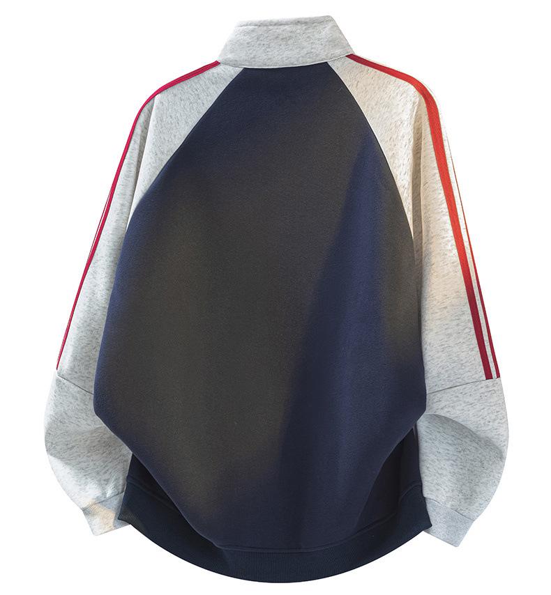 Men's Retro Three-Stripes Color Block Stand Collar Hoodie - Spring/Autumn Loose Fit Zipper Cardigan.