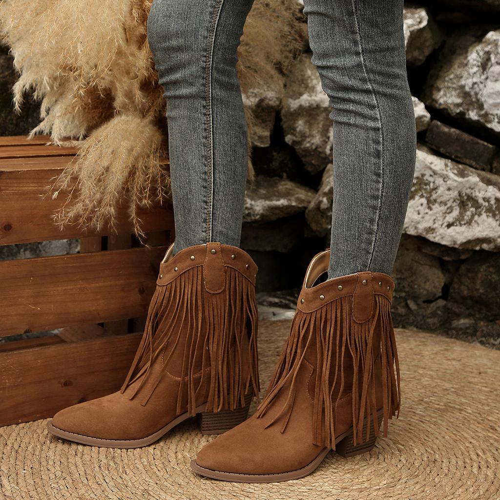 Mode 2025 Herbst Neu Retro Fransen Knöchel Geriebene Stiefel Runde Zehen Quadratische Absätze Seitlicher Reißverschluss Kurze Schuhe Damen Farbe Western Cowboy Stiefel