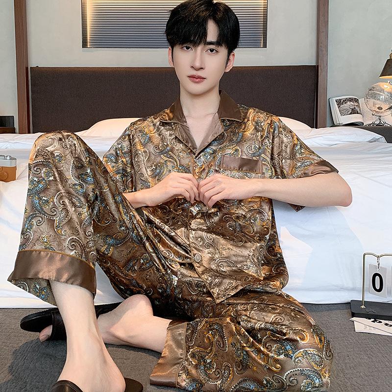 

Мужской пижамный комплект из ледяного шелка с коротким рукавом - Летний тонкий, длинные брюки, большой размер, свободный крой L