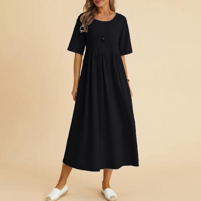 Modisches, einfarbiges Kleid für Damen, großes, lockeres, mittellanges Kleid aus Baumwollleinen mit Rundhalsausschnitt und fünfteiligen Ärmeln