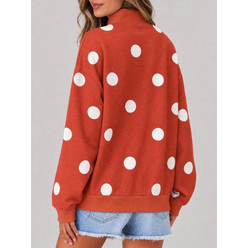 Women S Loose Half High Neck Long Sleeve Polka Dot Pullover Sweatshirt