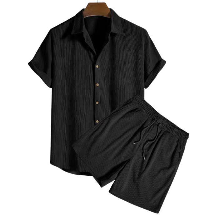 Completi Estivi da Uomo con Bottoni Casual Larghi Monocolore Outfit da Spiaggia Velluto a Coste Collo a Revers Manica Corta Set Due Pezzi per Uomo