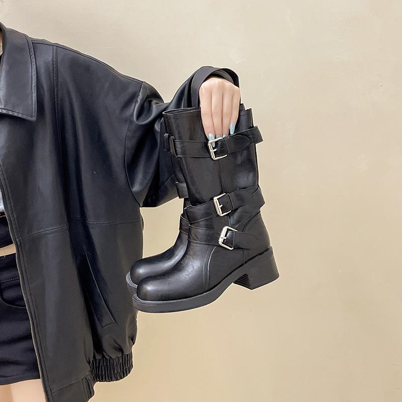 British Style Platform High-heeled Martin Boots Women's Autumn and Winter Fashion Versatile Design Belt Buckle Heightening Fashion Boots Short Boots
