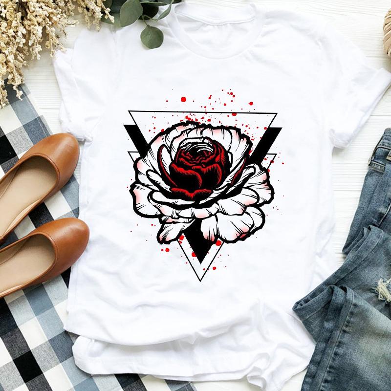 Flower Summer Autumn 90S Fashion Print Top Femme Tshirt Women T-Shirt Cartoon Harajuku O-Neck Casual Tee Ladies Clothing