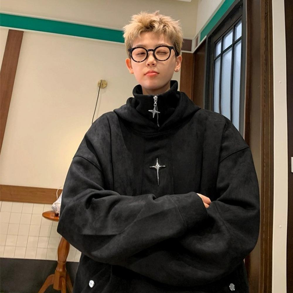 Suede American Turtleneck Sweater Men's Autumn and Winter Models, Trendy Brand Loose Casual Velvet Semi-zipper Hooded Jacket