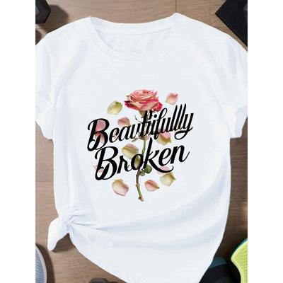 T-shirt pour femme grande taille - Style européen - Graphique rose "Beautifully Broken" - Manches courtes décontractées, col rond