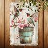 Vintage Hummingbird Tin Sign Wall Art Metal Bucket Planter With Pink Flowers Rustic Bird Decor Home Cafe