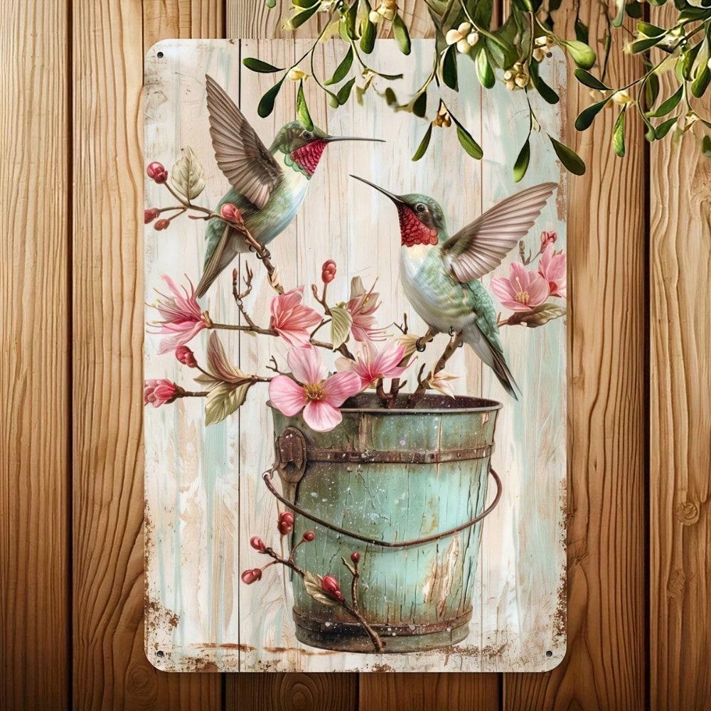 Vintage Hummingbird Tin Sign Wall Art Metal Bucket Planter With Pink Flowers Rustic Bird Decor Home Cafe
