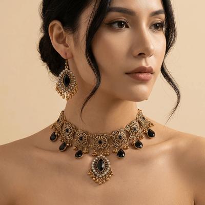 Metal Necklace Earrings Set Bohemia Style Ethnic Style Necklace Set Rhinestone Jewelry Set  Women