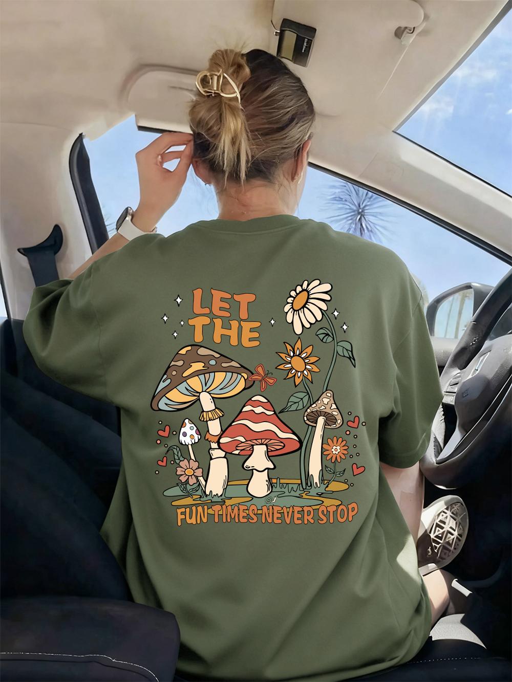 

Fun Times Never Stop Mushroomprinted TShirts Womens Casual ONeck T Shirts Comfortable Loose Tops Summer Soft Woman Clothes S