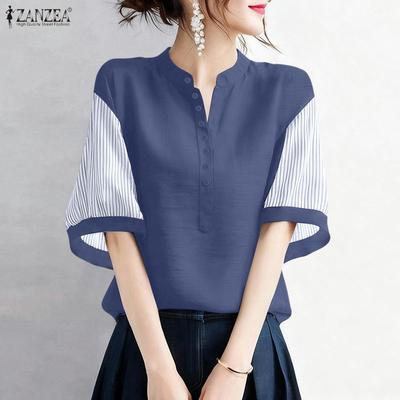 Women V-Neck Stripe Splice Half Sleeve Casual Blouse