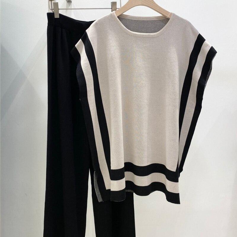 

Летние трикотажные комплекты из ледяного шелка без рукавов, повседневная рубашка, широкие брюки и свободные топы, элегантный лоскутный комплект из 2 предметов 26383 One Size чёрный