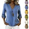 Top/Tricou Casual Larg pentru Femei, cu Decolteu în V, din Bumbac și In Colorat, cu Mânecă 3/4